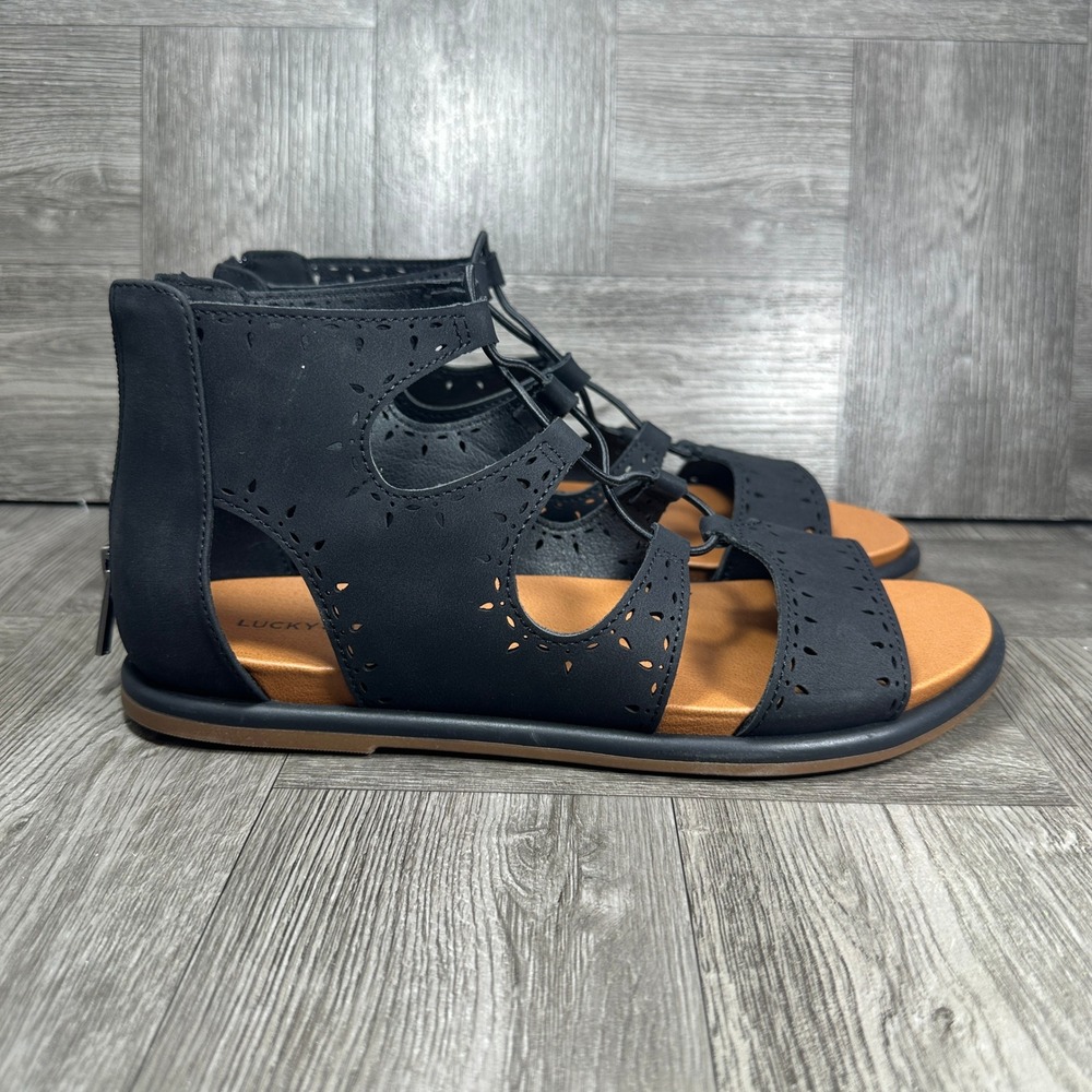 Lucky Brand Womens Gladiator Sandals Size 8 Black Laser Cut Lace Up Flat NEW